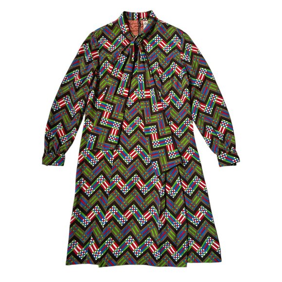 70s vintage wool shift dress midi shirt geometric pattern abstract print tie. - Picture 1 of 13